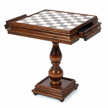 Table échiquier de luxe en hêtre, tiroir de rangement ouvert, vue de côté