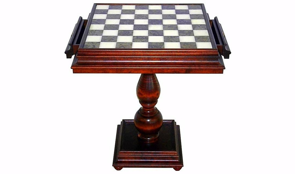 Ensemble "Staunton Haut de Gamme" Table et Jeu d'Echecs en Bois d'Hêtre et Marbre de Carrare et Albâtre & Bois et Laiton Massif Plaqué Or et Argent