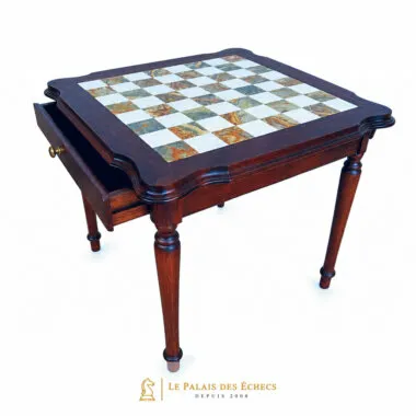 Table "Luxe II" en Bois Massif Plateau en Onyx, Albâtre de Toscane et Marbre de Carrare