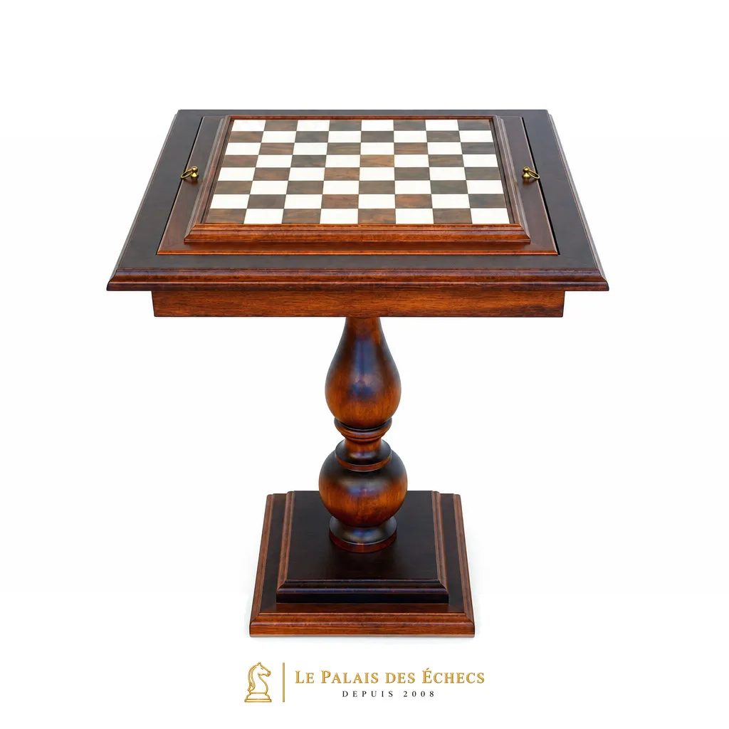Table "T&C" Echiquier et Compartiment de Rangement en Bois d'Hêtre et Plateau en Marbre de Carrare et Albâtre de Toscane