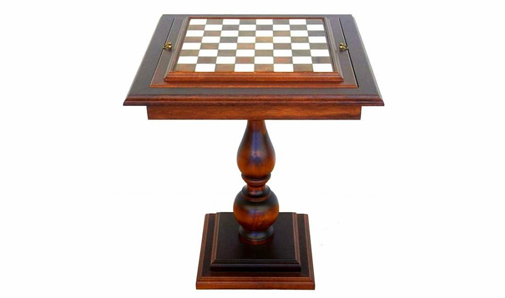 Ensemble "Stylisé II" Table en Bois d'hêtre, plateau en Albâtre et Marbre et Jeux d'Echecs en Bois et Laiton Massif