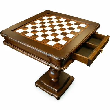 Table échiquier avec tiroir de rangement ouvert montrant des compartiments