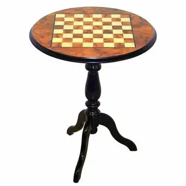 Échiquier en racine de bruyère intégré à la table ronde, plateau vu de dessus