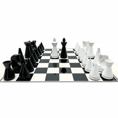 Pièces coniques noires et blanches alignées face à face sur l'échiquier laqué