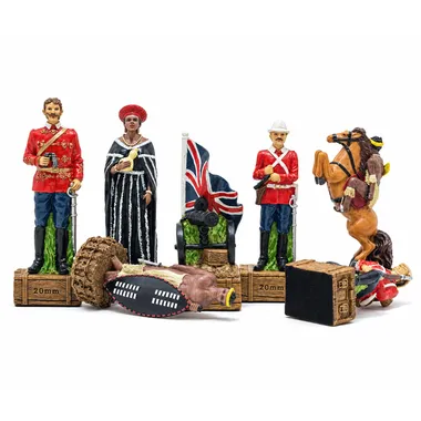 Pièces d'échecs Guerre Anglo-Zouloue, soldats britanniques, drapeau et cheval cabré