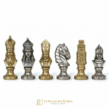 Pièces d'échecs Moncada : roi, fou, cavalier et tour en métal argenté et doré