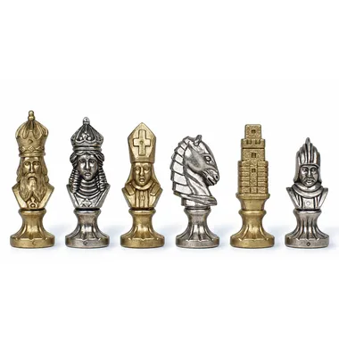 Pièces d'échecs Moncada : roi, fou, cavalier et tour en métal argenté et doré