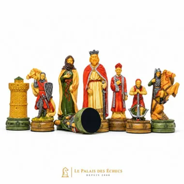 Jeu d'échecs Camelot, ensemble des pièces avec tour et cavaliers détaillés
