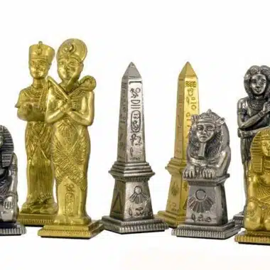 Ensemble "Egyptien" Echiquier en Similicuir & Jeu d'Echecs en Métal Massif