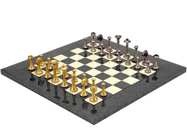 Ensemble Contemporain Gris Echiquier en Bois d'Erable & Jeu d'Echecs en Laiton Massif
