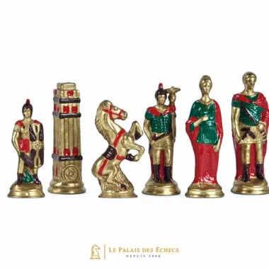 Pièces d'échecs en métal peint, camp romain doré, tour, cavalier, soldats