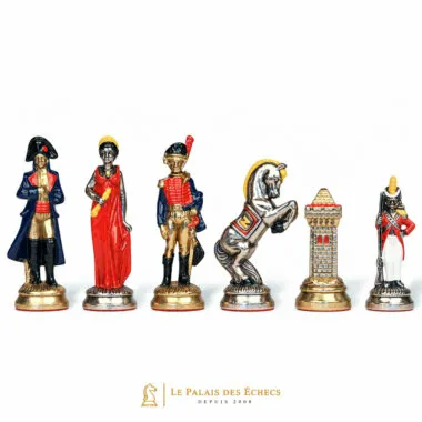 Pièces d'échecs Napoléon Waterloo en métal peint, dame, soldat, cavalier et tour