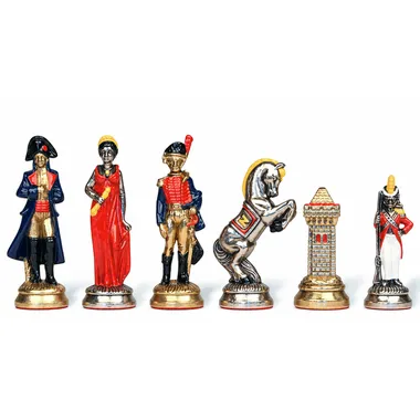 Pièces d'échecs Napoléon Waterloo en métal peint, dame, soldat, cavalier et tour