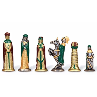 Pièces d'échecs médiévales en métal peint, reine, roi, cavalier et tour