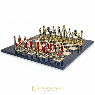 Ensemble Renaissance complet posé sur échiquier en bois d'érable laqué bleu