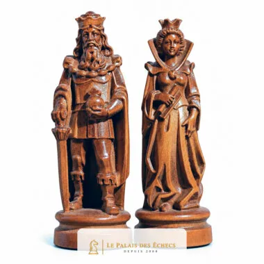 Roi et dame Bergame en bois des Alpes massif, sculpture détaillée côté bruni