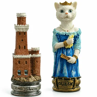 Pièces d'échecs chats, la dame blanche couronnée près d'une tour-château