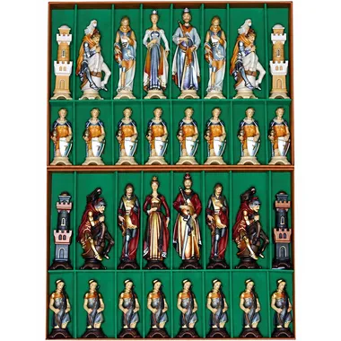 Jeu d'Echecs "Renaissance Peint à l'Huile et Dorures à la Feuille d'Or" en Bois des Alpes Massif Sculpté Traditionnellement