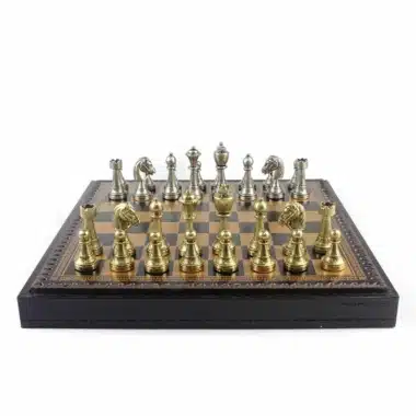 Ensemble Staunton Mix II Echiquier en Similicuir avec Compartiment de Rangement Intégré & Jeu d'Echecs en Métal Massif
