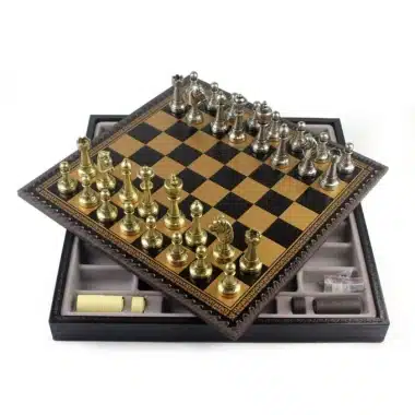 Alternative view of Ensemble Staunton Mix II Echiquier en Similicuir avec Compartiment de Rangement Intégré & Jeu d'Echecs en Métal Massif