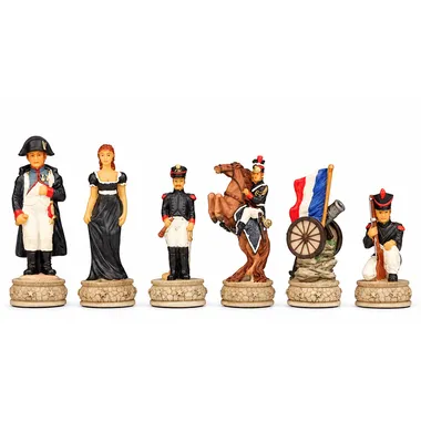 Pièces d'échecs Bataille de Waterloo, camp français avec dame, officier et cavalier