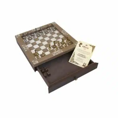 Alternative view of Ensemble Arabesque Echiquier en Bois avec Tiroir de Rangement et Jeu d'Echecs Staunton en Metal