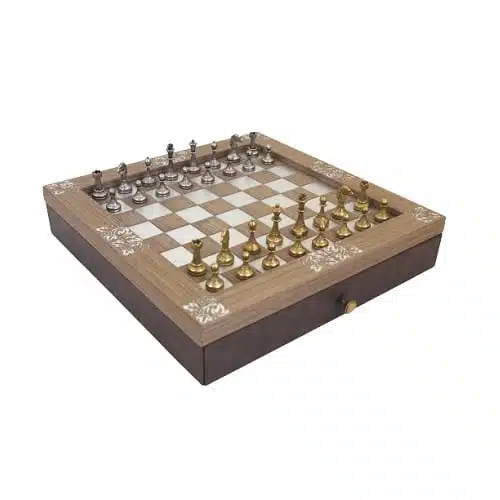 Ensemble Arabesque Echiquier en Bois avec Tiroir de Rangement et Jeu d'Echecs Staunton en Metal