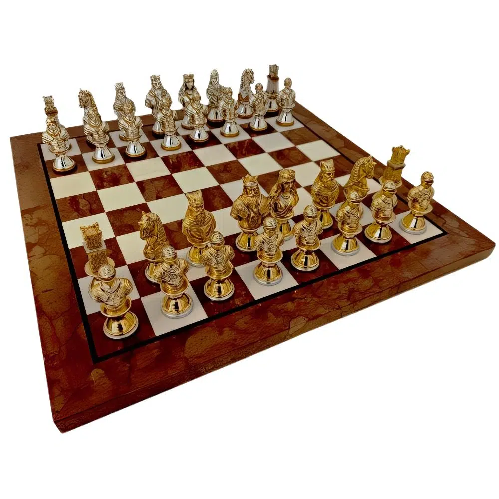 Ensemble Jeu d'Echecs Buste Médieval en Etain et Echiquier en Marbre