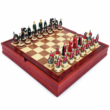 Jeu d'échecs Anglais contre Écossais complet sur coffret échiquier en bois