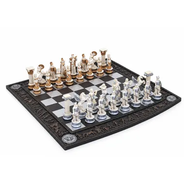 Jeu d'échecs Mythologie Grecque complet sur échiquier grec noir et blanc