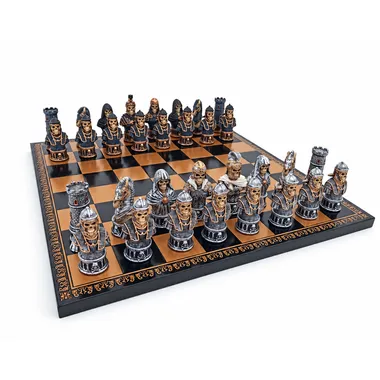 Jeu d'échecs tête de mort complet sur échiquier en similicuir noir et or