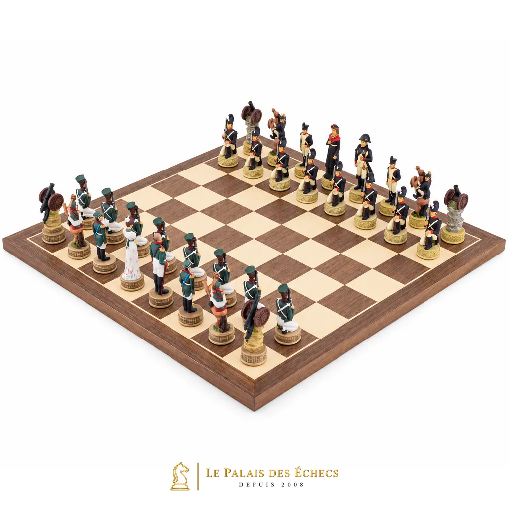 Jeu d'échecs Napoléon Vs Russie, vue d'ensemble sur échiquier bois d'érable et noyer