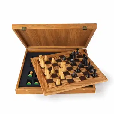 Jeu d'Echecs Moderne en Bois de Rose et Echiquier en Loupe d'Olivier avec Rangement