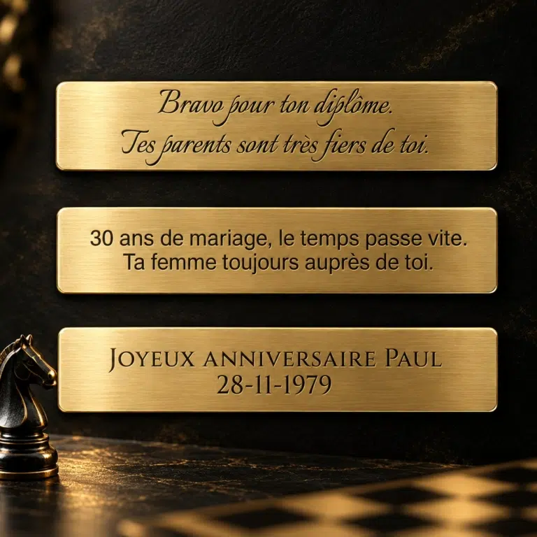 Trois plaques simili-laiton gravées : polices calligraphiée, moderne et classique