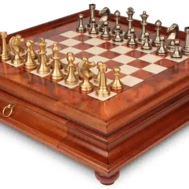 Jeu d'Échecs Grand Staunton - Échiquier en bois de Bruyère et Bois d'Orme avec tiroir & Pièces en laiton massif