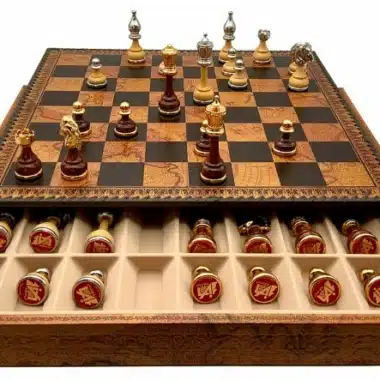 Jeu d'Échecs Flowered - Échiquier - Backgammon et Jeu de dames en similicuir avec rangement & Pièces en bois et métal