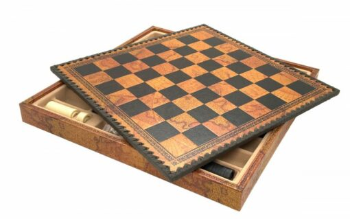 Jeu d'Échecs Flowered - Échiquier - Backgammon et Jeu de dames en similicuir avec rangement & Pièces en bois et métal