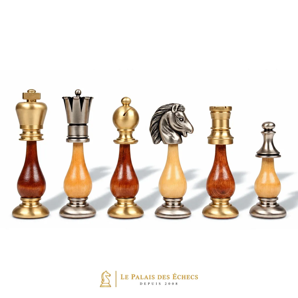 Pièces d'échecs en bois et métal doré et argenté, détail du roi, fou, cavalier et tour