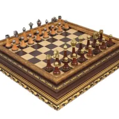 Jeu d'Echecs Staunton en Bois et Metal et Echiquier avec Rangement en Bois et Feuilles d'Or – Image 3