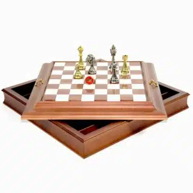 Jeu d'Échecs Staunton - Échiquier en Bois et Albâtre avec rangement intégré & Pièces en métal