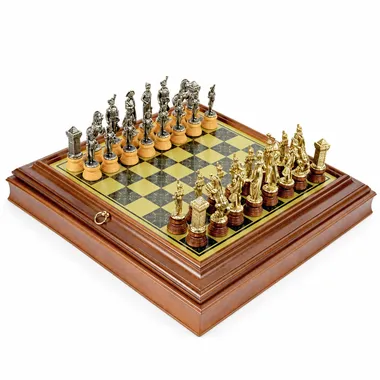 Jeu d'échecs Napoléon complet sur coffret en bois avec pièces en métal