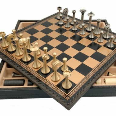 Jeu d'Échecs Contemporain - Échiquier et Backgammon à rangement en similicuir  & Pièces en métal