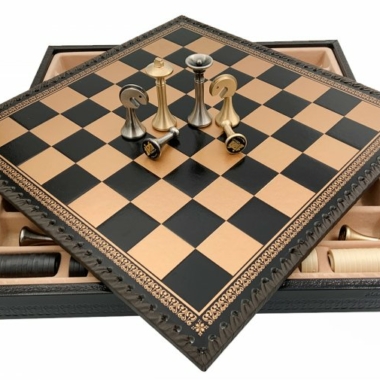 Jeu d'Échecs Contemporain - Échiquier et Backgammon à rangement en similicuir  & Pièces en métal