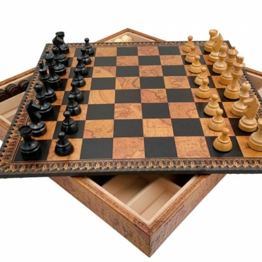Jeu d'Échecs Classique - Échiquier - Backgammon et Jeu de dames en similicuir avec rangement & Pièces en bois