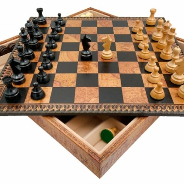 Jeu d'Échecs Classique - Échiquier - Backgammon et Jeu de dames en similicuir avec rangement & Pièces en bois