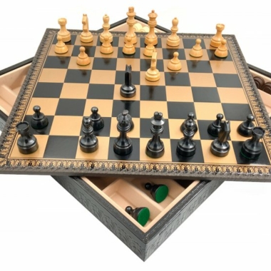 Jeu d'Échecs Classique - Échiquier - Backgammon et Jeu de dames en similicuir avec rangement & Pièces en bois