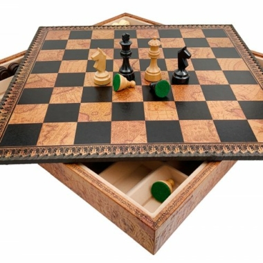 Jeu d'Échecs Classique - Échiquier - Backgammon et Jeu de dames en similicuir avec rangement & Pièces en bois