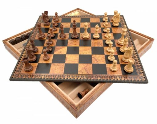 Jeu d'Échecs Classique - Échiquier - Backgammon et Jeu de dames en similicuir avec rangement & Pièces d'échecs en bois
