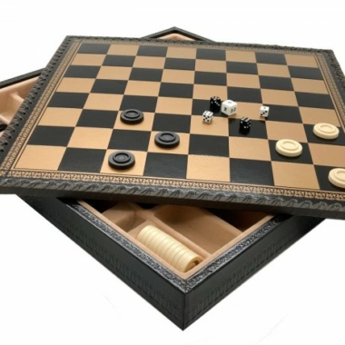 Jeu d'Échecs Classique - Échiquier - Backgammon et Jeu de dames en similicuir avec rangement & Pièces en bois