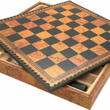 Jeu d'Échecs Romains vs Barbares - Échiquier - Backgammon et Jeu de dames en similicuir avec rangement & Pièces en métal